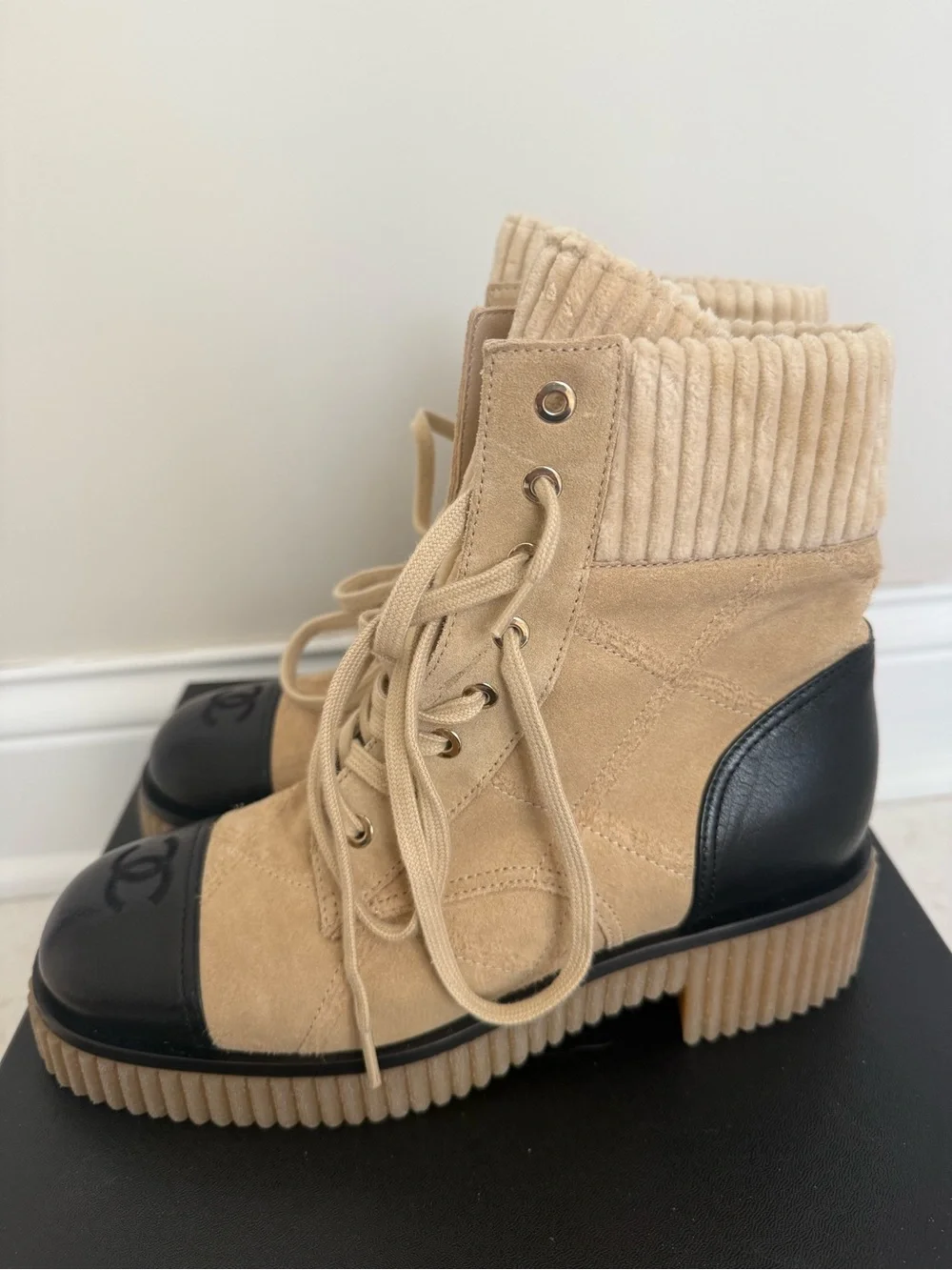 CHANEL Beige Suede and Black Leather Lace-Up Combat Boots